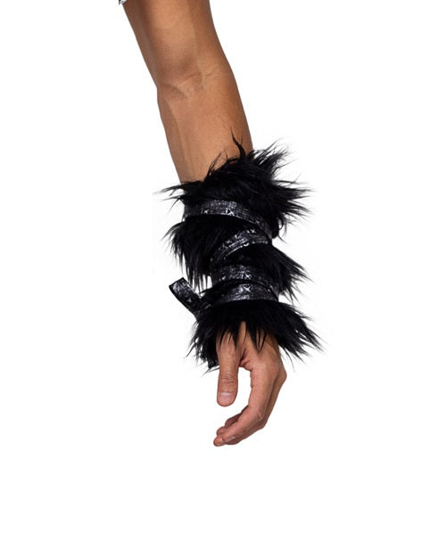 Black faux fur leg cuffs with strap detail
